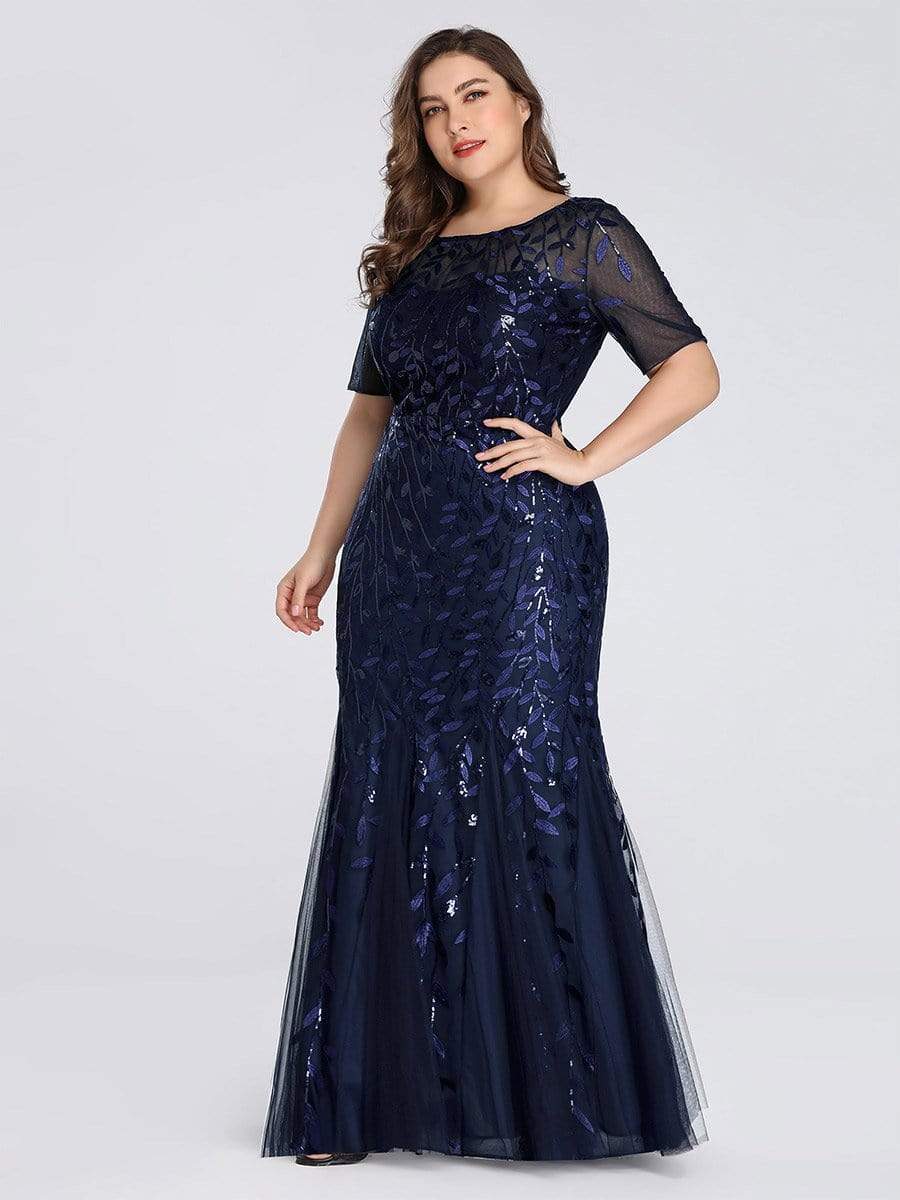 Plus Size Sequin Leaf Long Mermaid Tulle Prom Dress