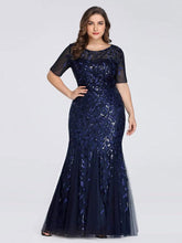 Plus Size Sequin Leaf Long Mermaid Tulle Prom Dress #color_Navy Blue