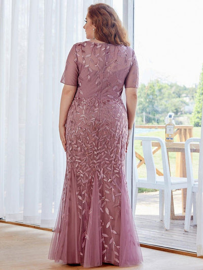 Plus Size Sequin Leaf Long Mermaid Tulle Prom Dress #color_Purple Orchid