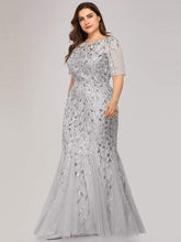 Plus Size Sequin Leaf Long Mermaid Tulle Prom Dress #color_Silver