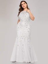 Plus Size Sequin Leaf Long Mermaid Tulle Prom Dress #color_White
