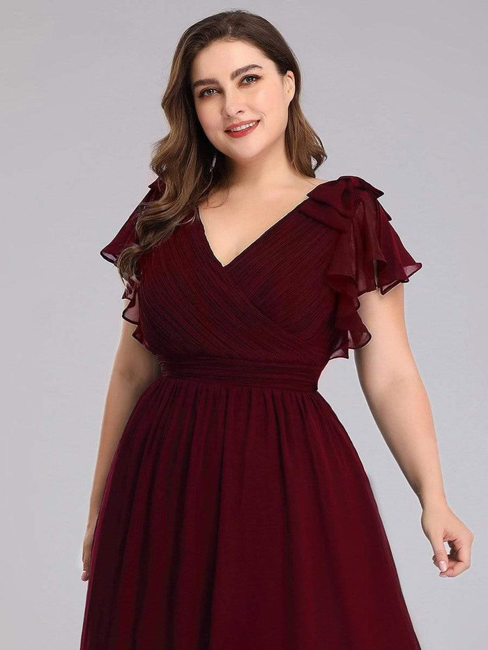 Y Neck Chiffon Dress with Ruffles Sleeves Spa Plus Size