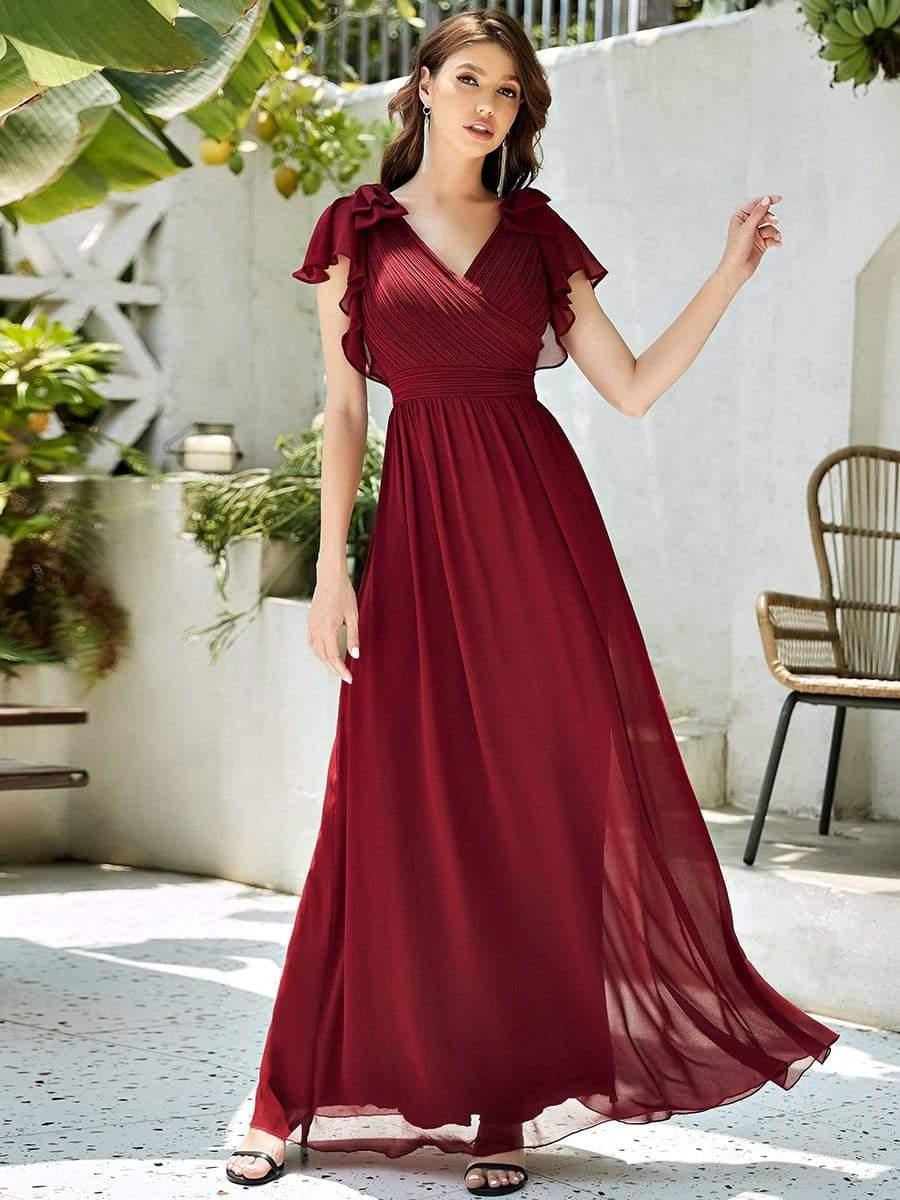 Maxi Long Chiffon Evening Dress for Women with Ruffles Sleeves #color_Burgundy