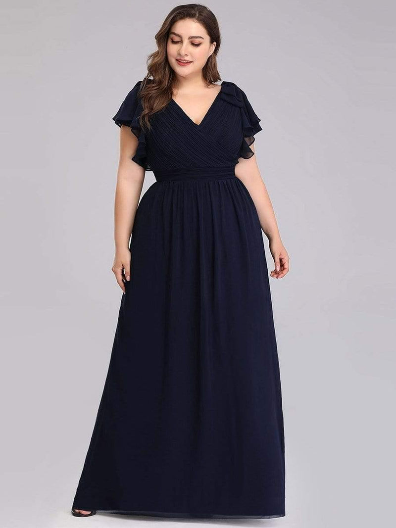 Evening Dress Plus Size Chiffon Maxi V-Neck with Ruffles Sleeves