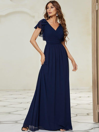 Maxi Long Chiffon Evening Dress for Women with Ruffles Sleeves #color_Navy Blue