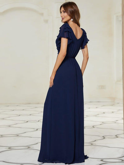 Maxi Long Chiffon Evening Dress for Women with Ruffles Sleeves #color_Navy Blue