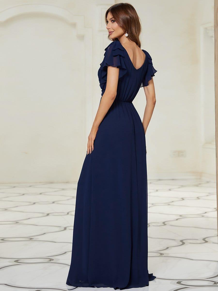 Maxi Long Chiffon Evening Dress for Women with Ruffles Sleeves #color_Navy Blue