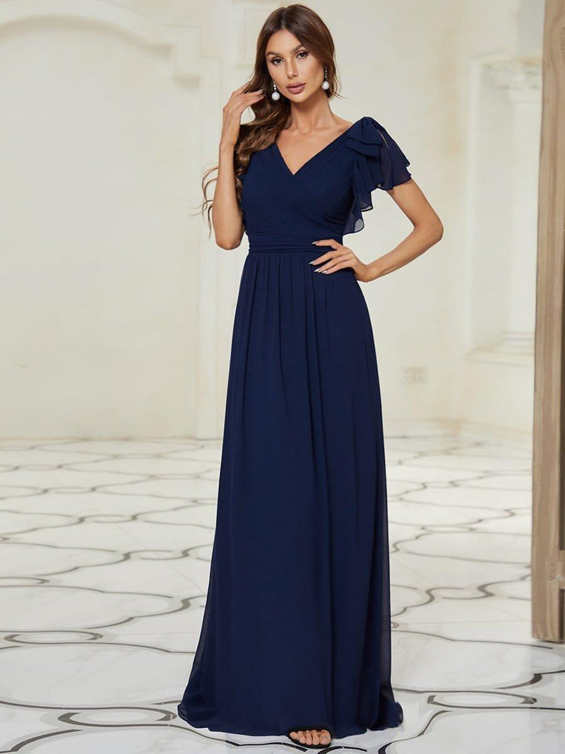 V-Neck Chiffon Maxi Evening Dress with Short Sleeves