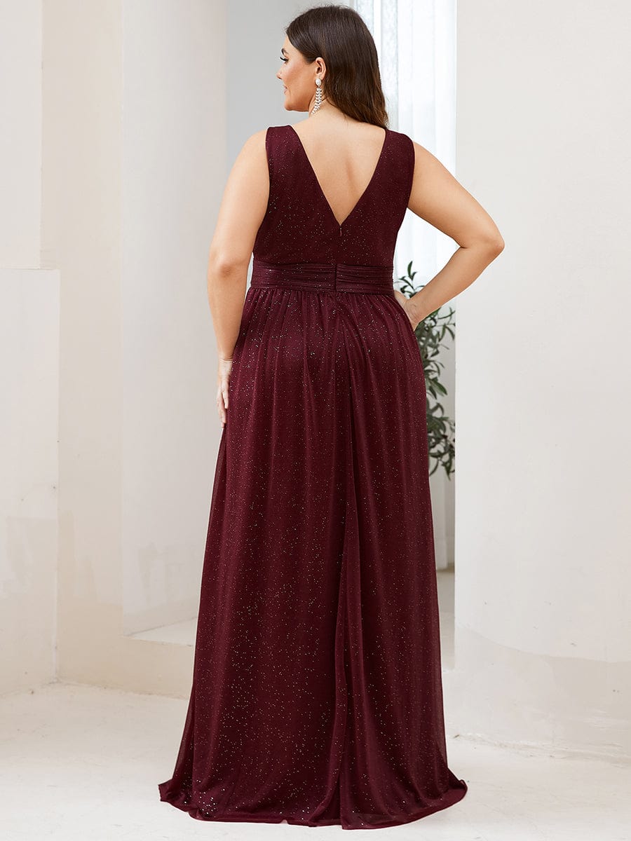 Double V Neck Maxi Long Plus Size Sparkly Evening Dresses for Party #color_Burgundy