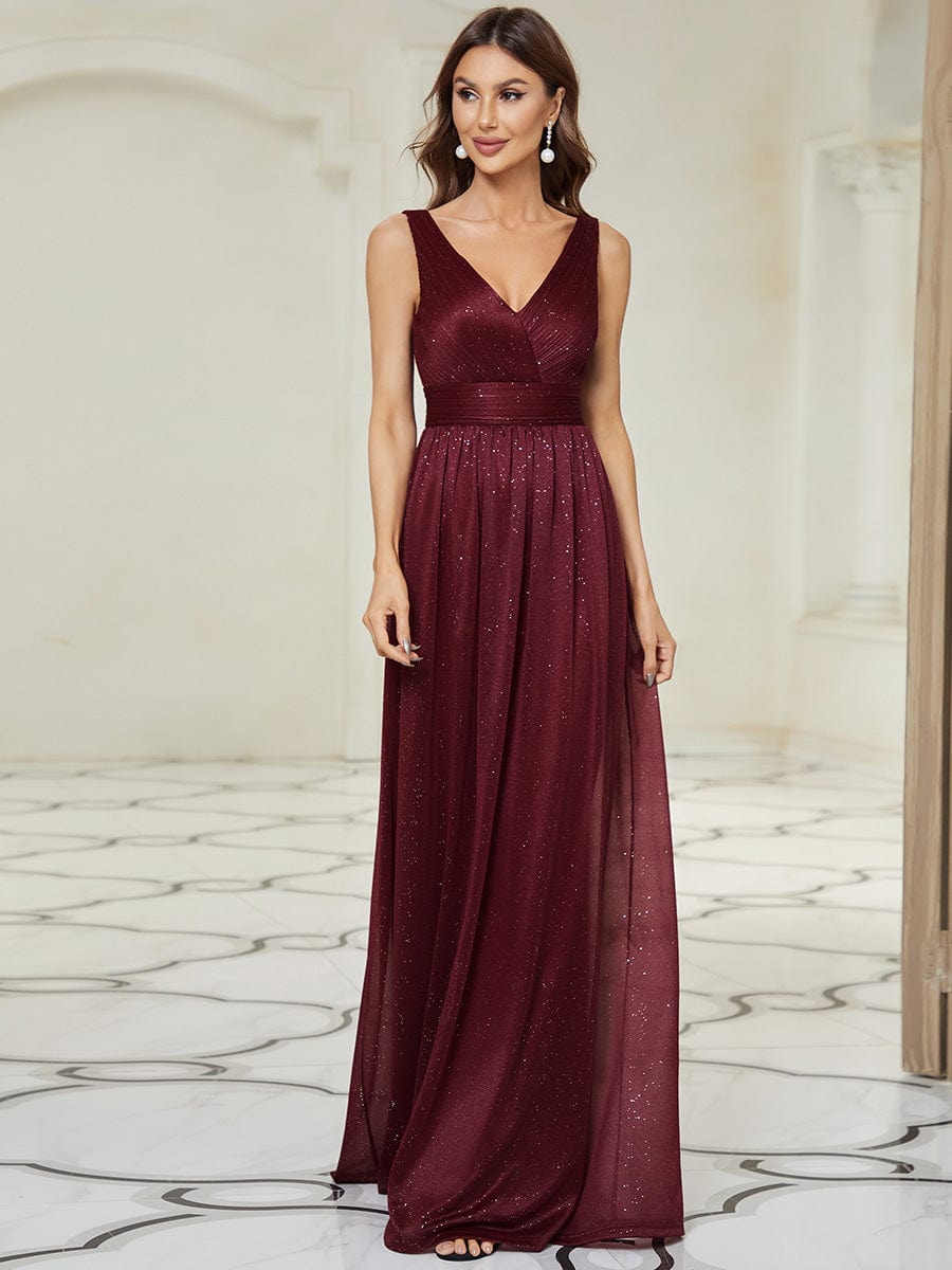 Maxi Double V Neck Floor Length Sparkly Wedding Guest Dress #color_Burgundy