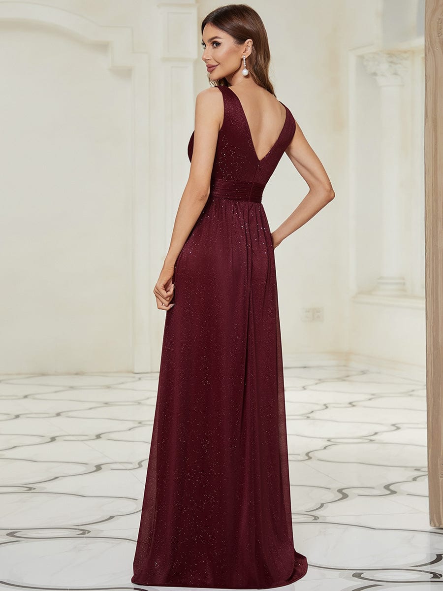 Maxi Double V Neck Floor Length Sparkly Wedding Guest Dress #color_Burgundy