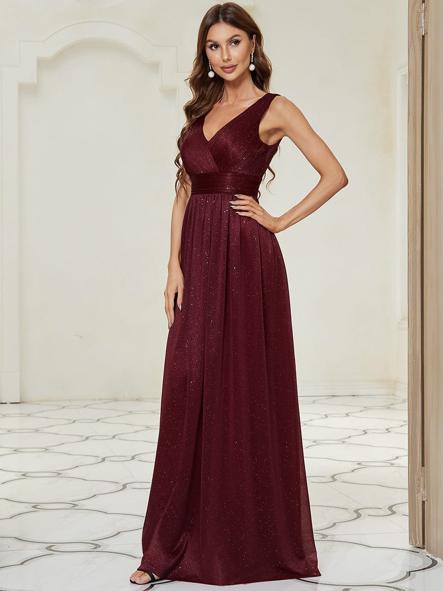 Double V Neck Floor Length Sparkly Evening Dresses for Party