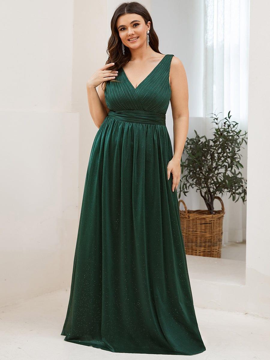 Double V Neck Maxi Long Plus Size Sparkly Evening Dresses for Party #color_Dark Green