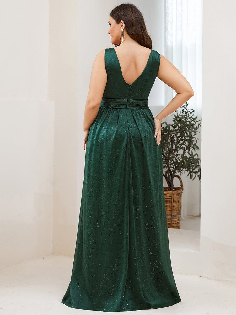 Double V Neck Maxi Long Plus Size Sparkly Evening Dresses for Party #color_Dark Green