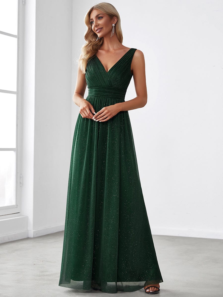 Maxi Double V Neck Floor Length Sparkly Wedding Guest Dress #color_Dark Green