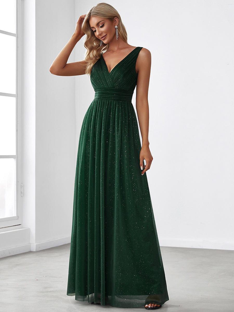 Maxi Double V Neck Floor Length Sparkly Wedding Guest Dress