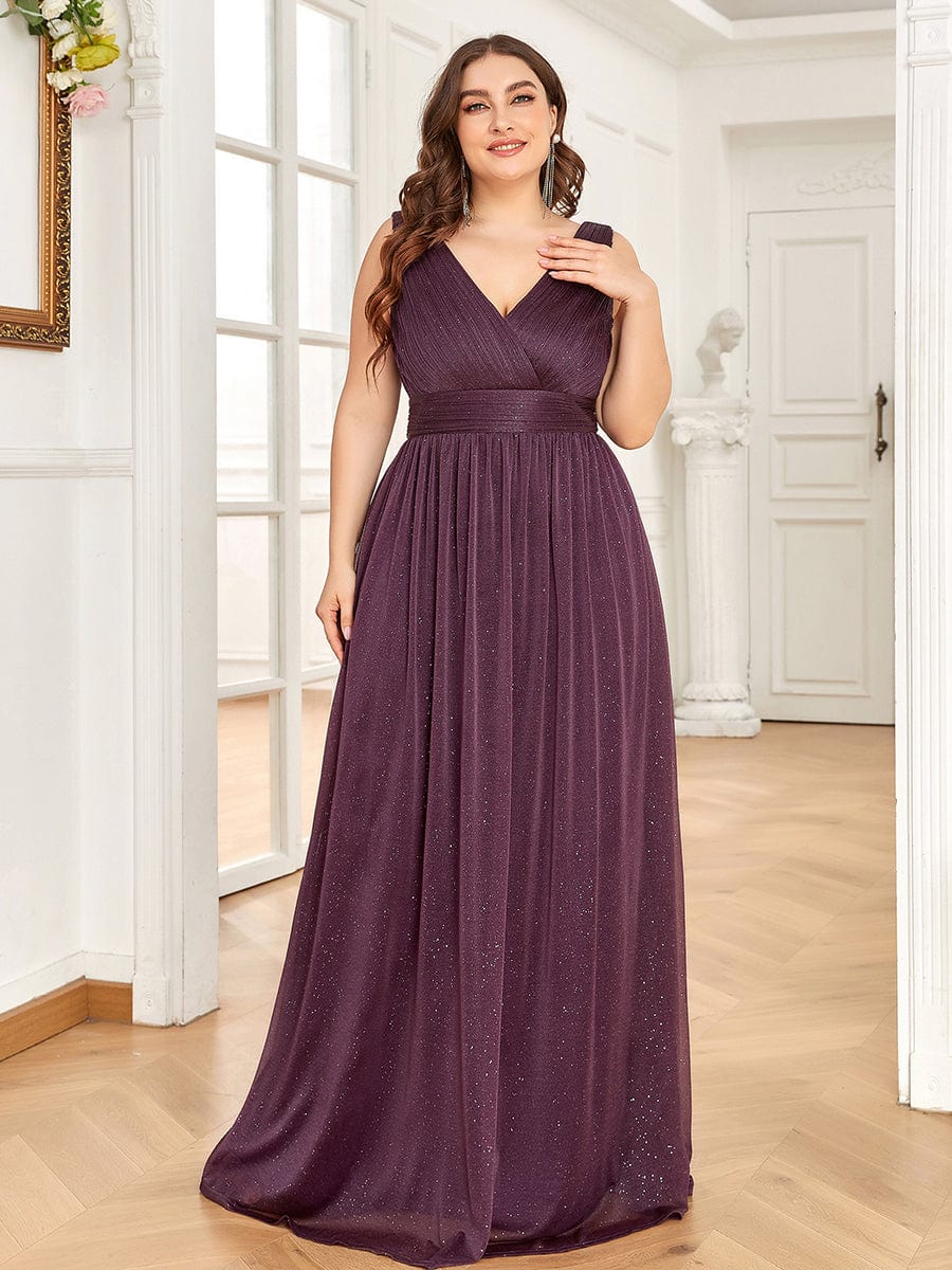 Maxi Double V Neck Floor Length Sparkly Wedding Guest Dress #color_Dark Purple