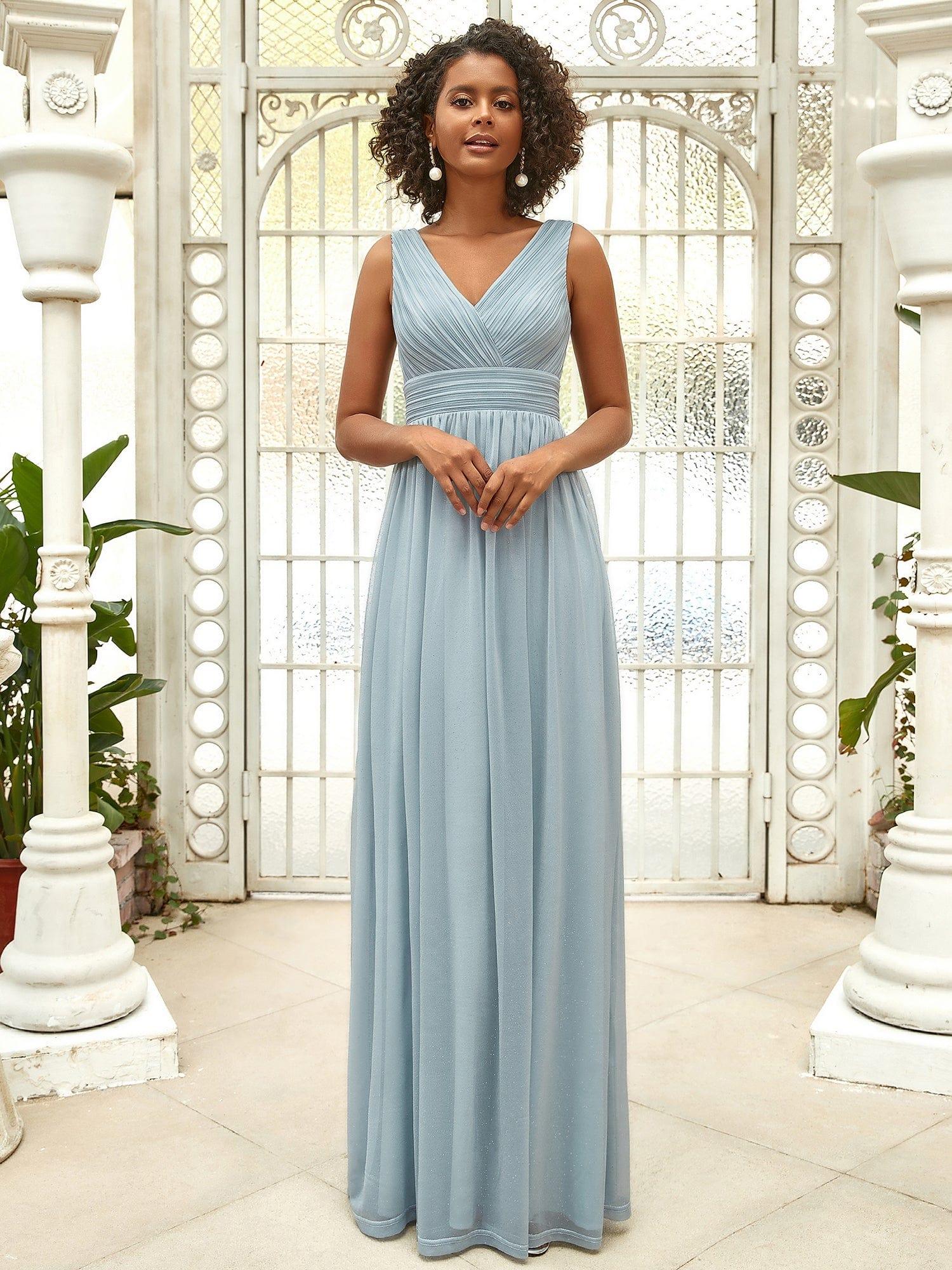 Maxi Double V Neck Floor Length Sparkly Wedding Guest Dress