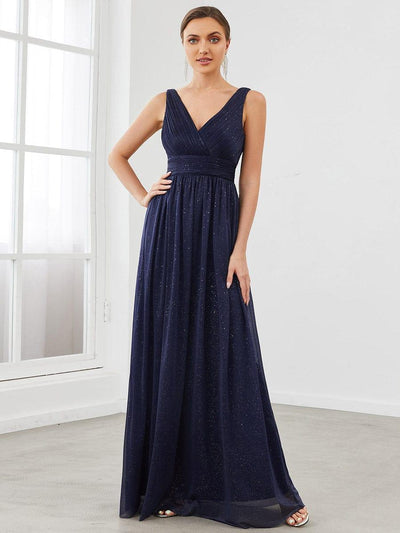 Maxi Double V Neck Floor Length Sparkly Wedding Guest Dress #color_Navy Blue