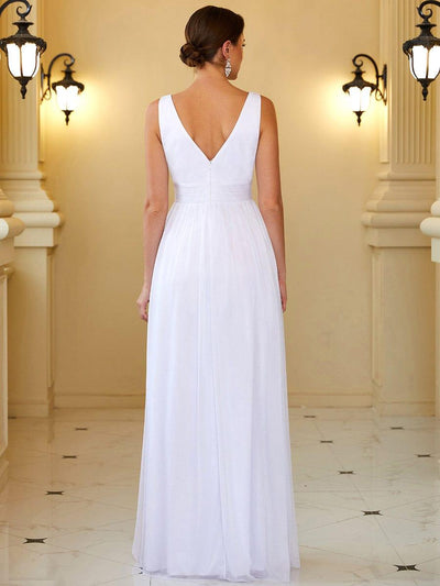 Maxi Double V Neck Floor Length Sparkly Wedding Guest Dress #color_White