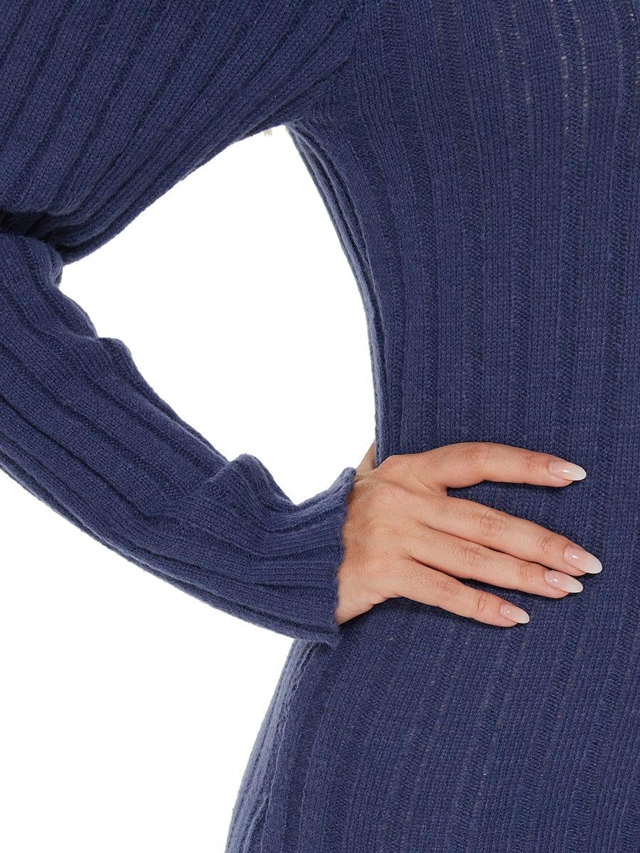 Knitted Long Sleeve V-Neck Bodycon Sweater Dress #color_Navy Blue