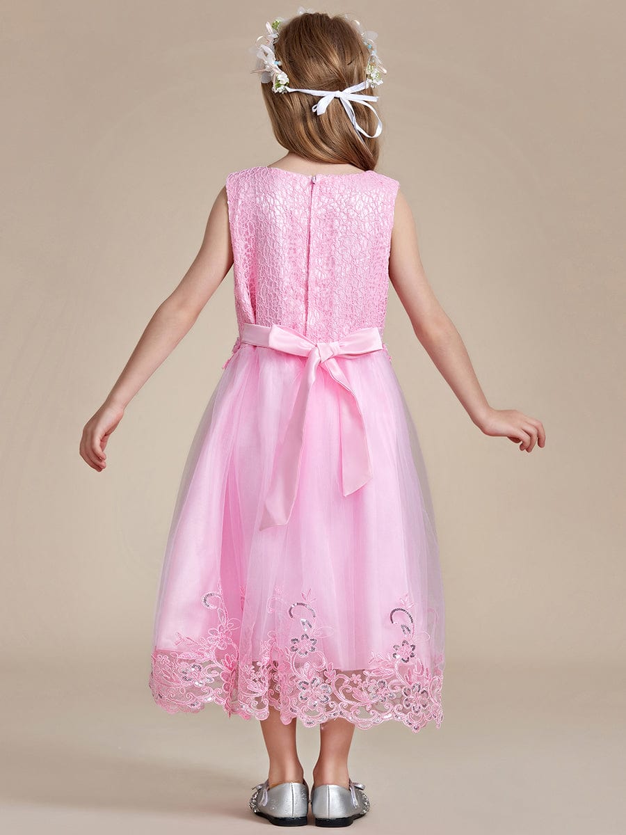 Beaded Lace Applique Sleeveless Flower Girl Dress With Back Bow-Knot #color_Pink