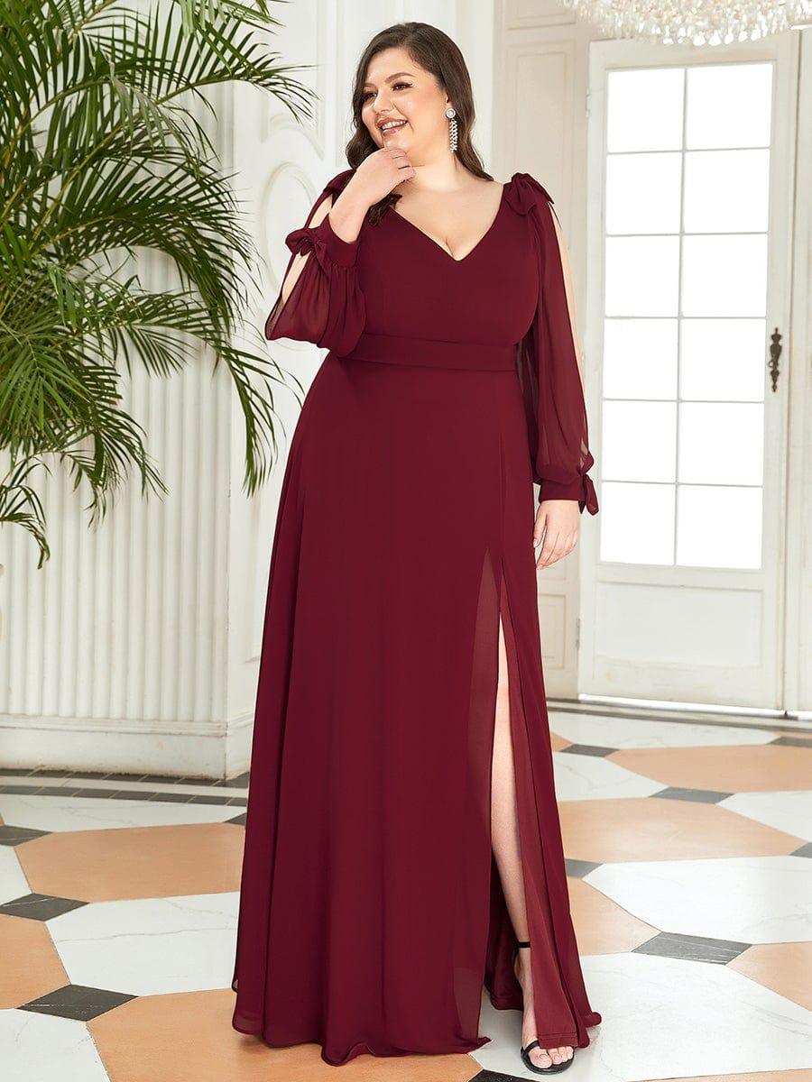 Custom Size Double V-Neck High Slit Long Sleeve Formal Dresses