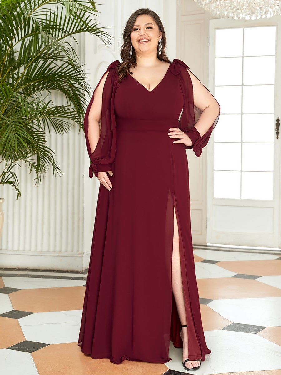 Custom Size Double V-Neck High Slit Long Sleeve Formal Dresses #color_Burgundy 