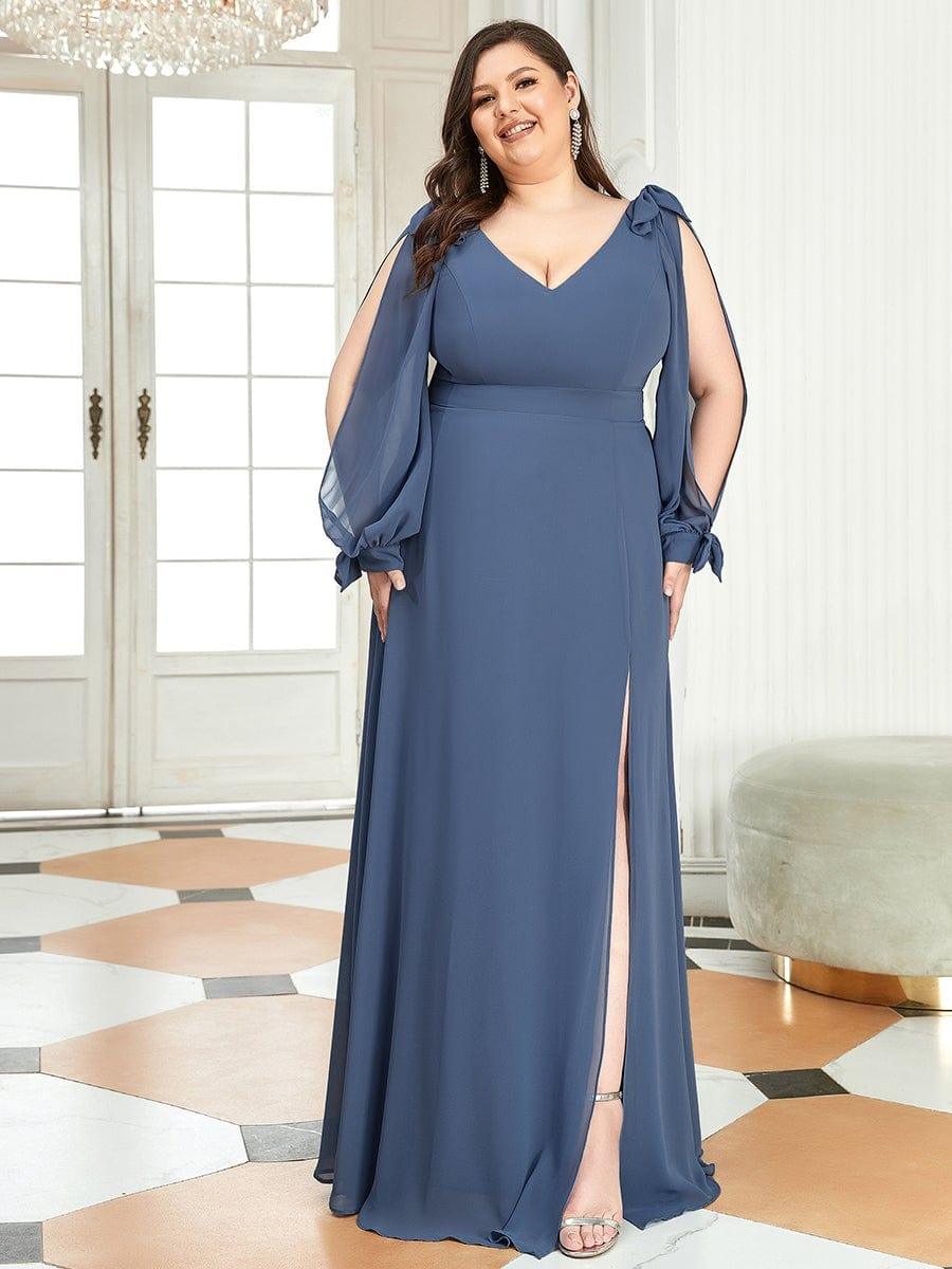 Custom Size Double V-Neck High Slit Long Sleeve Formal Dresses #color_Dusty Blue 