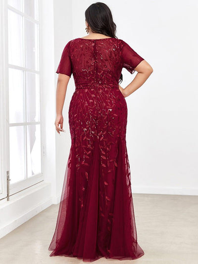 Plus Size Sequin Leaf Long Mermaid Tulle Prom Dress #color_Burgundy